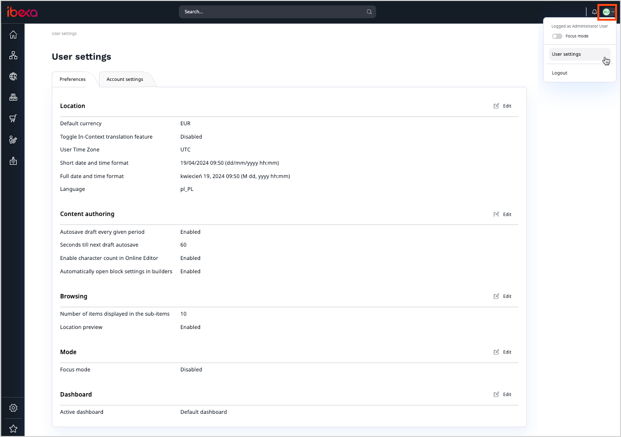 User preferences menu